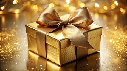 A shimmering golden gift box adorned with a luxurious satin bow, resting on a bed of sparkling confetti, reflecting the warm glow of festive lights.