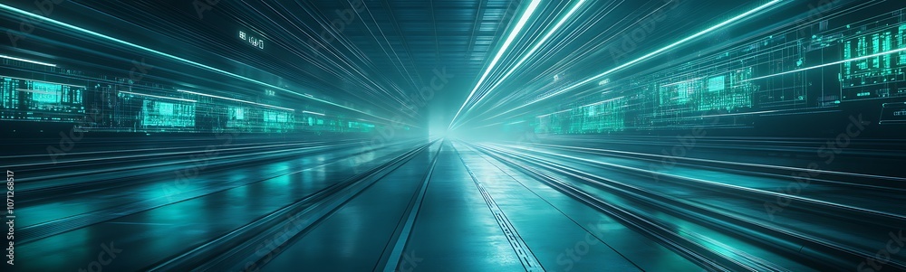 Aufkleber a vibrant, high-tech tunnel illuminated with blue and green lights, creating a sense of depth and sp