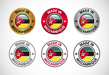 Naklejka premium Made in Mozambique label icon with flag. Icon set for business, badge, seal, sticker, logo, and symbol