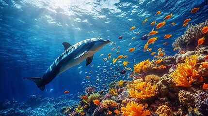 wide-angle lens, A school of fish swimming in the deep blue ocean, with colorful tropical fish and a dolphin at different depths. generative ai