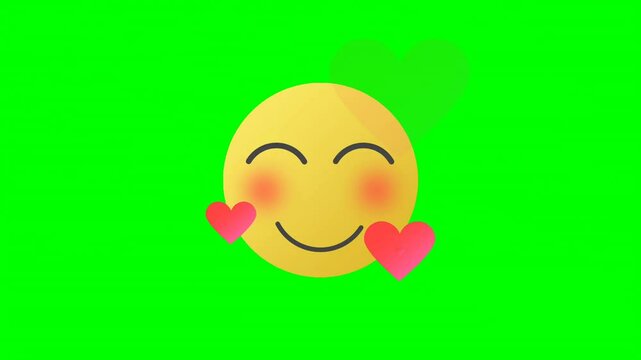 Shy in love face emoji with blushing cheeks and hearts animation on green screen. Perfect for expressing love, affection, and happiness.