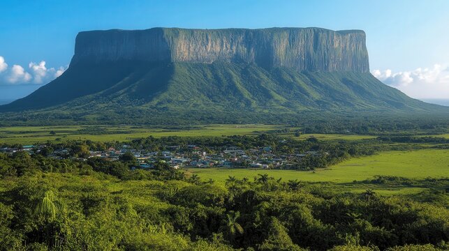 Majestic Mount Roraima Tepui Rising Above Verdant Jungle Landscape in Canaima National Park Venezuela Under Clear Blue Skies Perfect Destination for Adventure Travel