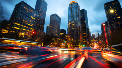 Obraz premium Vibrant Cityscape with Blurred Traffic Lights at Dusk