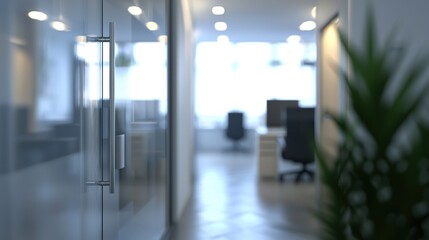 Blurred office interior background with a blurred door and glass wall, blurry bokeh light effect for a business concept design. High-quality photo, taken with a telephoto lens in realistic daylight.