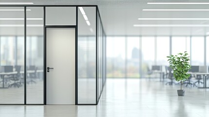 Blurred office interior background with a blurred door and glass wall, blurry bokeh light effect for a business concept design. High-quality photo, taken with a telephoto lens in realistic daylight.