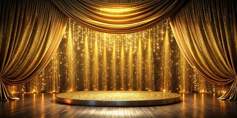 A shimmering stage illuminated by cascading golden lights, framed by shimmering curtains, beckons with an elegant and celebratory atmosphere.