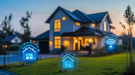 A modern house with glowing smart home icons in a serene evening setting.