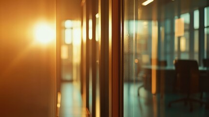 Blurred office interior background with a blurred door and glass wall, blurry bokeh light effect for a business concept design. High-quality photo, taken with a telephoto lens in realistic daylight.