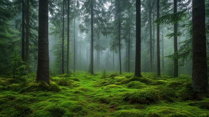Fototapeta premium Mystical Foggy Forest with Lush Green Moss - Tranquil Nature Scene.
