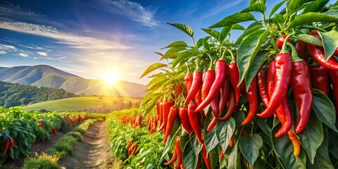 Fototapeta premium A Vibrant Field of Red Peppers at Sunset, with Lush Foliage and Rolling Hills in the Background