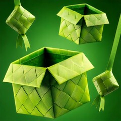 ketupat open cube/box texturing, Green background in studio. Perfect for ramadan promo