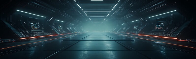 A futuristic, neon-lit corridor featuring sleek surfaces and atmospheric lighting, evoking a sci-fi ambiance.