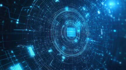 Glowing Blue Circuit Board Design with Lines and Circles