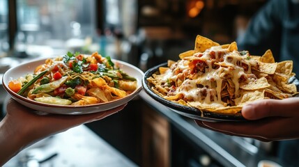 Delicious Nachos and Stir-fry Dishes Served on Plates - Restaurant Food Photography