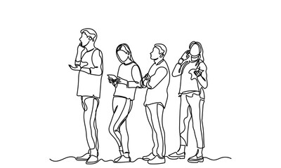 continuous line drawing of a group of men and women in a queue line with their smartphones shows.  one-line Queue of many people waiting. Diverse people stand isolated on a white background.