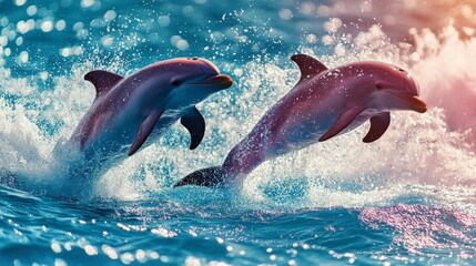 Fototapeta premium Playful Dolphins Jumping in Sparkling Ocean Waves