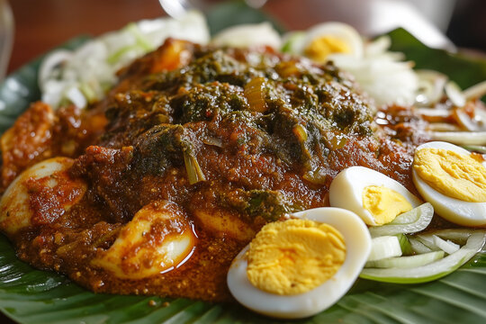 Flavorful food with green sauce boiled egg and sliced ​​onions served on plate - Powered by Adobe