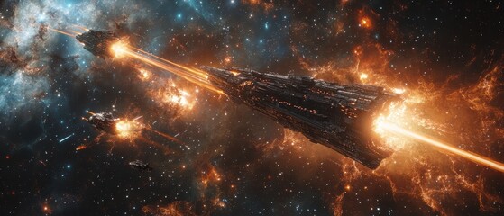 Futuristic Spaceship Traveling Through a Starry Nebula with Bright Orange and Blue Light