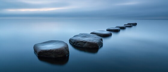 A serene landscape featuring stepping stones leading across calm water under a cloudy sky.