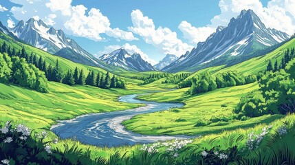 Obraz premium Lush Green Valley With River and Majestic Mountains