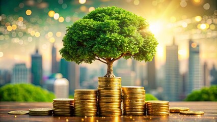 A flourishing tree stands tall, rooted in a foundation of golden coins, symbolizing prosperity and growth against a backdrop of a shimmering cityscape.