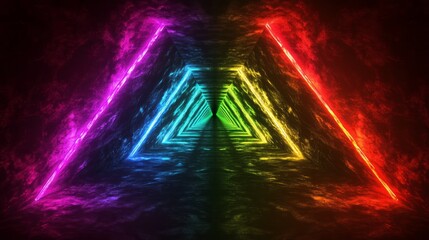 A glowing, colorful triangular tunnel with smoke and neon lights.