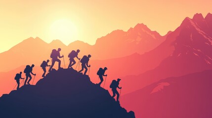 Fototapeta premium Hikers Ascending Mountain Range at Sunset