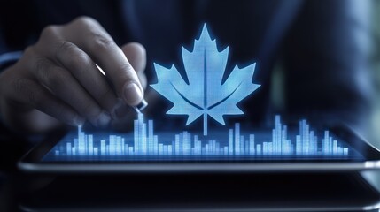 A hand interacting with a digital tablet displaying a Canadian maple leaf and data visualization.