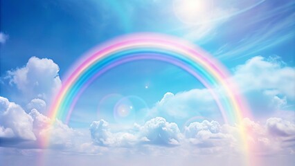 A Vivid Rainbow Arcing Over A Sky Adorned With Fluffy White Clouds, Bathed in Soft Sunlight