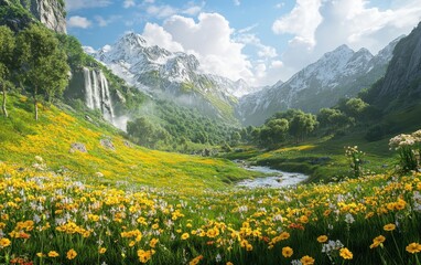 Stunning Mountain Valley Landscape with Waterfall, Wildflowers, and Stream - Scenic Nature Photography.