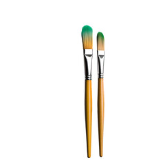 Two paintbrushes with green-tipped bristles stand upright against a dark background, showcasing their craftsmanship and essential design for artists.