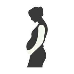 Pregnant Mom Silhouette Isolated on White Background. Black and White Vector Illustration.