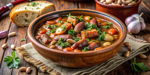 A rustic bowl of hearty bean stew, garnished with fresh herbs and accompanied by a crusty loaf of bread, all set against a backdrop of rustic wooden planks.