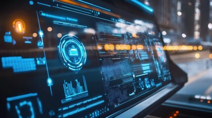 Obraz premium Futuristic Dashboard with Glowing Blue Screens and City Lights