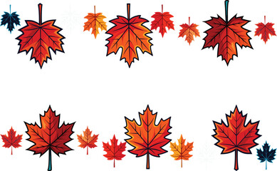 Set of maple leaves icons isolated on white background. Bright autumn red maple leaf, black silhouette and outline. Vector illustration.