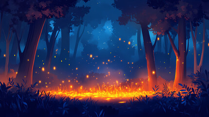 Falling fireflies in a glowing forest at night. Glowing. Illustration