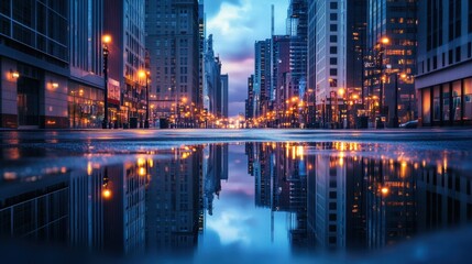 Fototapeta premium Cityscape Reflection in Puddle at Dusk - Urban Architecture and Night Lights.