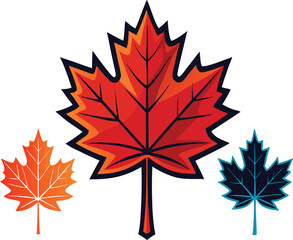 Set of maple leaves icons isolated on white background. Bright autumn red maple leaf, black silhouette and outline. Vector illustration.