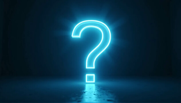 On a dark background, 3D glowing neon question marks.
