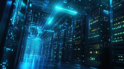 Obraz premium Futuristic Server Room Interior with Glowing Blue Lights and Data Network Connections.