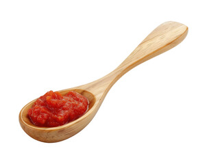 Wooden spoon with tomato paste isolated on transparent background