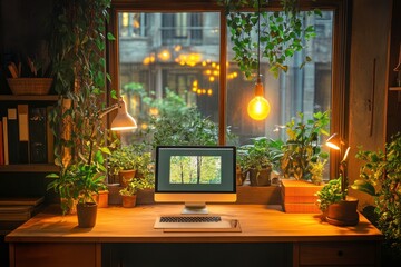 Cozy Workspace with Plants and Natural Light