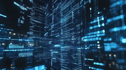 Digital Cityscape of Glowing Blue Lines and Code