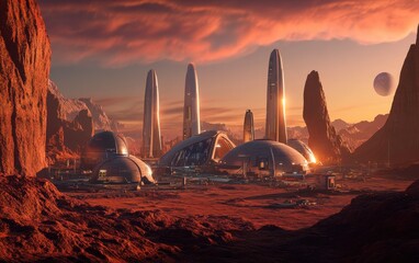 Futuristic City on a Red Planet with a Sunset and a Moon - Sci-Fi Concept Art