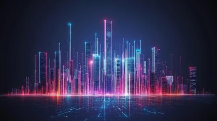 Fototapeta premium Futuristic Skyline with Vibrant Colors and Digital Lines Reflecting on Dark Surface