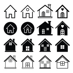 Collection home icons. House symbol. Set of real estate objects and houses black icons isolated on white background. Vector illustration.