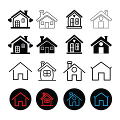 Collection home icons. House symbol. Set of real estate objects and houses black icons isolated on white background. Vector illustration.