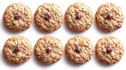 Fototapeta premium Freshly baked oatmeal cookies with chocolate chunks, golden brown and chewy, perfect for sweet treat or dessert. Enjoy delightful combination of flavors!