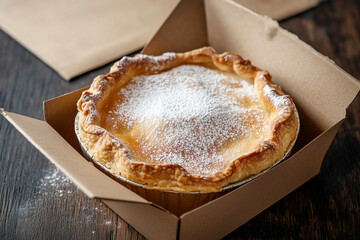Delicious pie with powdered sugar topping in takeout box