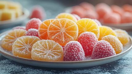 A plate of fruit pastilles in different colors, bright colors, sprinkled with sugar, chewy and soft